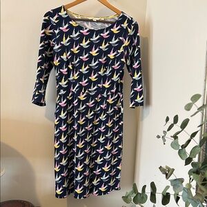 Boden Navy Dress with Colorful Bird Pattern